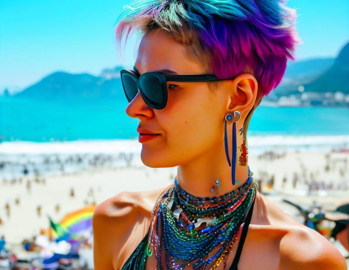 mulher na praia com um lindo corte de cabelo em dia de sol
