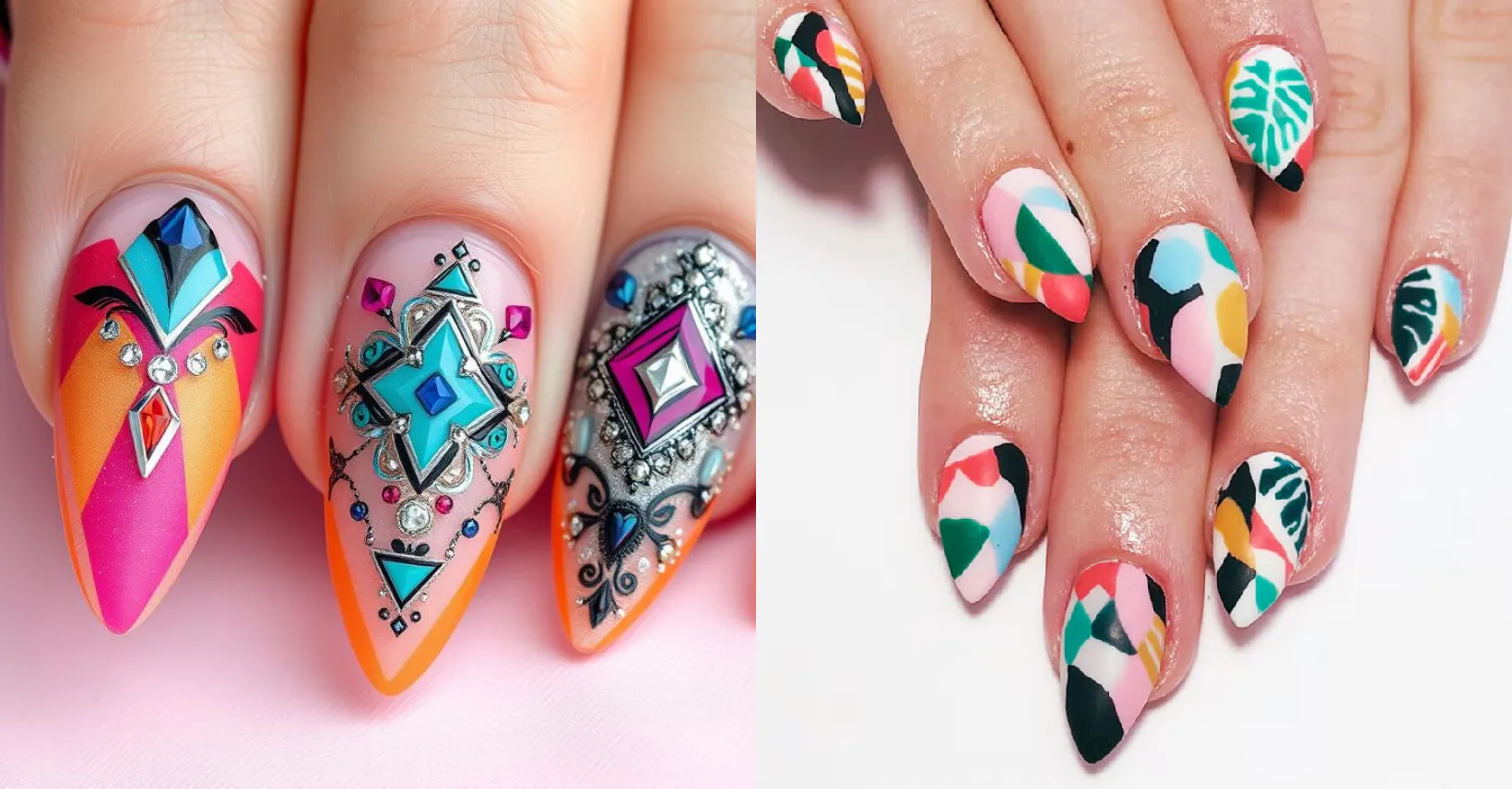 unhas triangulares A imagem tem um close-up de mãos femininas exibindo unhas em formato triangular, pintadas em tons metálicos e pastéis, com detalhes delicados como folhas de ouro e glitter sutil.